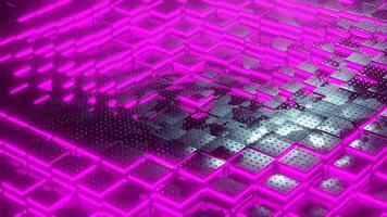 3d render of black background made of stack of metal neon pink cubes with central wave. Simple technology concept. video