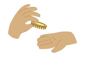 An illustration of a hand putting a coin into an open palm. One person giving money to another one. vector