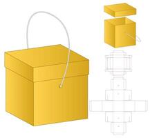 A yellow box with a handle string, Box packaging die cut template design. 3d mock-up vector