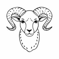 Detailed Black and White Ram Head Illustration with Curved Horns and Intricate Patterns Design vector
