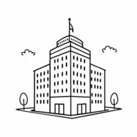 Minimalist Monochrome Office Building Line Art with Trees and Clouds vector