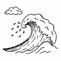 Hand Drawn Ocean Wave with Cloud and Splash Elements in Black and White vector