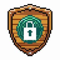 Pixel Art Shield with Crossed Sword Motif Retro Security Icon vector