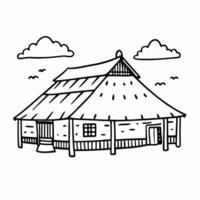 Traditional Hut with Thatch Roof and Clouds in Doodle Style Illustration vector