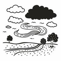 Minimalist Black and White Landscape with Trees and Clouds vector