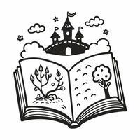 Fantasy Storybook Castle with Trees and Clouds in Monochrome Illustration vector