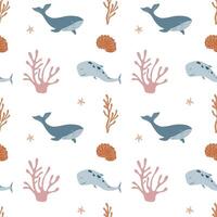 Underwater seamless pattern. Whale, fish, coral, algae. Pattern for cards, invitations, designs in nautical style vector