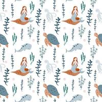 Underwater fairytale seamless pattern. Mermaid, turtle, algae, octopus, fish, whale. Childish Pattern for cards, invitations, designs in nautical style vector