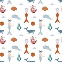 Underwater fairytale seamless pattern. Mermaid, coral, whale, fish. Childish Pattern for cards, invitations, designs in nautical style vector