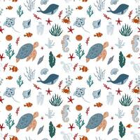 Underwater seamless pattern. Turtle, octopus, fish, coral, seahorse, algae, stingray. Pattern for cards, invitations, designs in nautical style vector