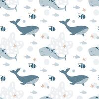 Whales seamless pattern. Whale, fish, coral, algae. Underwater Pattern for cards, invitations, designs in nautical style vector
