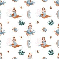 Underwater fairytale seamless pattern. Mermaid sitting on a turtle, coral, fish, seahorse. Childish Pattern for cards, invitations, designs in nautical style vector