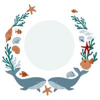 Circle Template with underwater elements . Whale, fugu fish, fish, algae. Marine wreath for posters or nautical borders, background for invitation or greeting cards vector