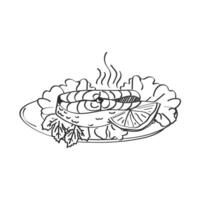 Hand drawn sketch of cooked fish. Fish steak with lemon slice and salad leaves on a round plate. illustration vector