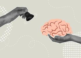 Trendy halftone collage. The brain and the bell is a conceptual representation of cognitive functions. Self-awareness concept, developing creativity, self-development,quick reaction vector