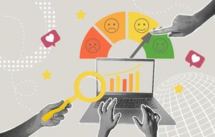 Trendy halftone collage. Concept of quality of work in the office, work life balance assessment, workload, job satisfaction concept. Hand moving arrow towards a prosperous work environment vector
