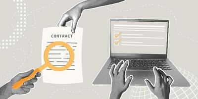 Trendy halftone collage. Contract review process.Concept of discussing a contract, scrutinizing, considering options. vector