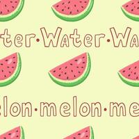 Watermelon wedges with green tropical leaves seamless pattern with hand lettering. Fruit summer seamless pattern with watermelon slices. Useful for wrapping paper and decorations. vector