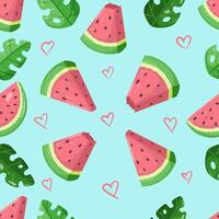 Watermelon wedges with green tropical leaves seamless pattern with cute hearts. Fruit summer seamless pattern with watermelon slices. Useful for wrapping paper and decorations. blue background vector