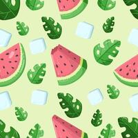 Watermelon wedges with green tropical leaves seamless pattern with ice cubes. Fruit summer seamless pattern with watermelon slices. Useful for wrapping paper and decorations. vector