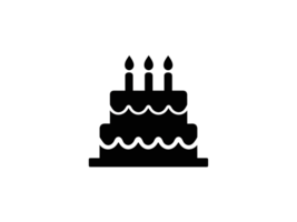 A black silhouette of a tiered cake is topped with three lit candles, suggesting a celebration. cutouts png