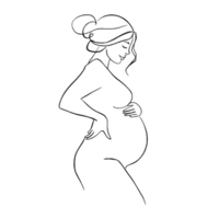 A simple line drawing depicts a pregnant woman standing in profile with her hands on her back and belly. cutouts png