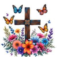 A wooden cross is surrounded by an array of vibrant flowers, with colorful butterflies fluttering around i cutouts png