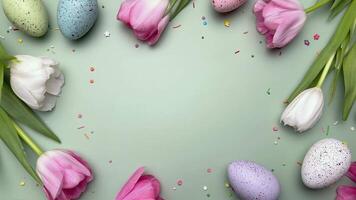 Stop motion animation of easter eggs and tulips on pastel green background video