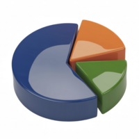 3D glossy pie chart with three colorful segments representing data visualization, analytics, and business statistics isolated on a transparent background. png