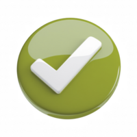 3D green checkmark button icon with a glossy reflective surface and a bold white tick symbol, isolated on transparent background png