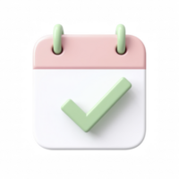3D illustration of a calendar icon with a green checkmark task completion, and planning icon, isolated on transparent background png