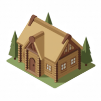 A log cabin with a green tree in front of it isolated on a transparent background. png