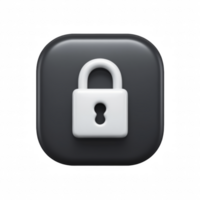 3D glossy black security lock icon with a white padlock in the center, privacy, protection, cybersecurity, and restricted access 3d icon isolated on transparent background png