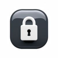 3D glossy black security icon with a white padlock symbol, data protection, cybersecurity, privacy, and restricted access icon isolated on transparent background png