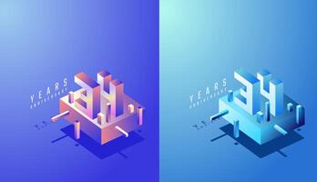 3D Isometric Anniversary Design 34th, 34th Years Anniversary in Colourful Gradient. Tech, Futuristic and Modern concept. vector