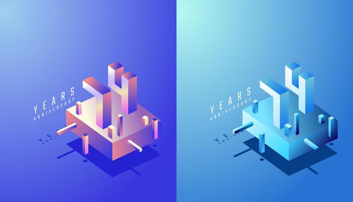 3D Isometric Anniversary Design 74th, 74th Years Anniversary in Colourful Gradient. Tech, Futuristic and Modern concept.