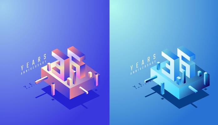 3D Isometric Anniversary Design 36th, 36th Years Anniversary in Colourful Gradient. Tech, Futuristic and Modern concept.