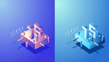 3D Isometric Anniversary Design 15th, 15th Years Anniversary in Colourful Gradient. Tech, Futuristic and Modern concept. vector