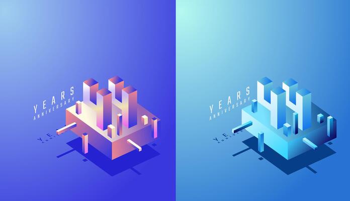 3D Isometric Anniversary Design 44th, 44th Years Anniversary in Colourful Gradient. Tech, Futuristic and Modern concept.