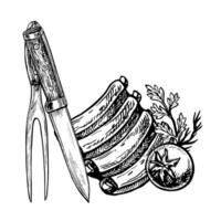 Ribs with vegetables, kitchen knife and fork. graphics depicting a barbecue. Hand-drawn black and white illustration. On a white background. For a menu, poster, or label, recipes, invitations. vector