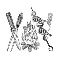 Drumsticks with vegetables on a skewer, a bonfire and a knife and fork. graphics depicting a barbecue. A black-and-white hand-drawn illustration. On a white background. vector