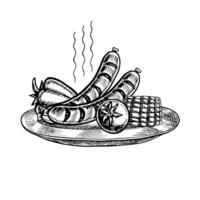 Grilled sausages with vegetables. graphics depicting a barbecue. A black-and-white hand-drawn illustration. On a white background. For a menu, poster, or label. For cooking recipes, invitations vector