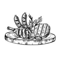 Barbecue and picnic meat on a wooden chopping board. graphics with images of fried meat of various types. Black and white hand-drawn illustration. On a white background. For the menu, poster. vector