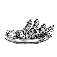 Grilled sausages with vegetables. graphics depicting a barbecue. A black-and-white hand-drawn illustration. On a white background. For a menu, poster, or flair. For cooking recipes, invitations vector