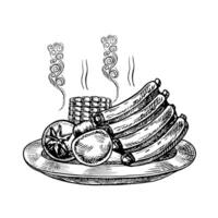 Lamb ribs with vegetables. graphics depicting a barbecue. A black-and-white hand-drawn illustration. On a white background. For a menu, poster, or label. For cooking recipes, invitations. vector