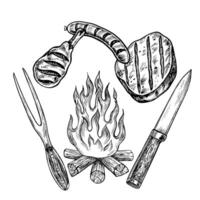 Sausages, drumstick and grilled steak over a campfire. graphics depicting a barbecue. A black-and-white hand-drawn illustration. On a white background. For a menu, poster, recipes, invitations vector
