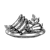 Lamb ribs with vegetables. graphics depicting a barbecue. A black-and-white hand-drawn illustration. On a white background. For a menu, poster, or flyer. For cooking recipes, invitations. vector
