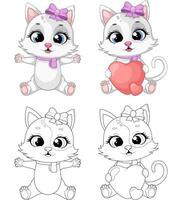 Color and black-and-white illustrations of a cheerful cat. A set of 4 images vector