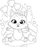 Cute cat with heart-shaped balloons. Black and white coloring page vector