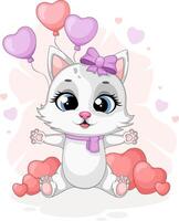 Happy cat with heart-shaped balloons on a romantic background vector